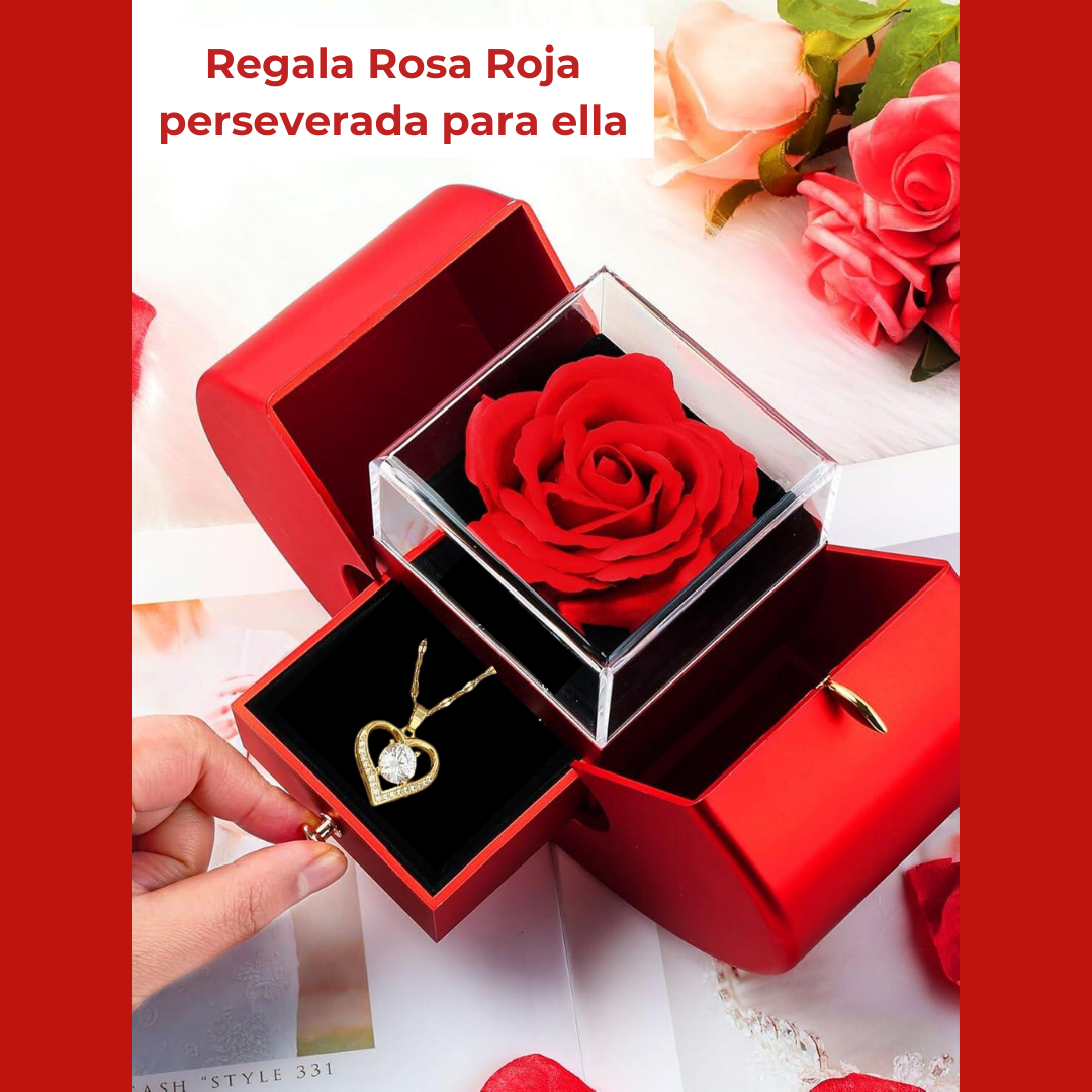 Rosa Preservada y Colgante Corazón Amor infinito + Tarjeta  Regalo "Te quiero"