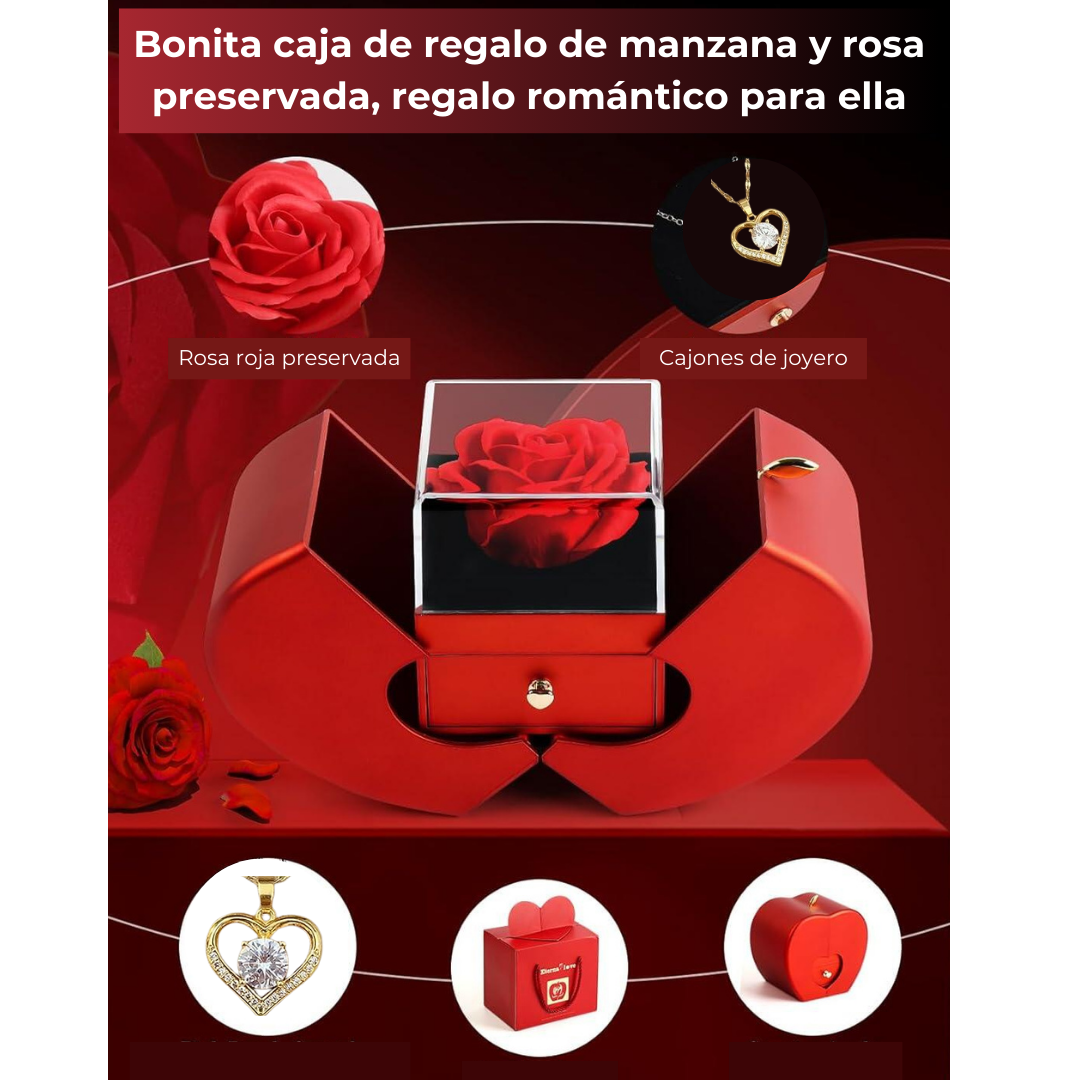 Rosa Preservada y Colgante Corazón Amor infinito + Tarjeta  Regalo "Te quiero"