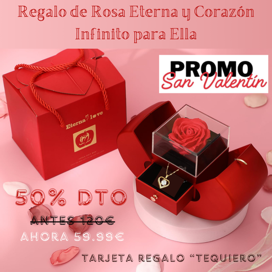 Rosa Preservada y Colgante Corazón Amor infinito + Tarjeta  Regalo "Te quiero"